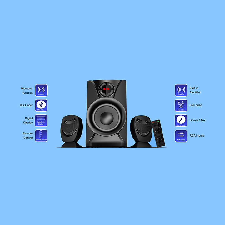 Pii Tech 2.1 Ch 30W Max Output Home Theatre system with 2 Wireless BT Satellite Speakers, LED Display, USB, AUX, FM Radio & Remote