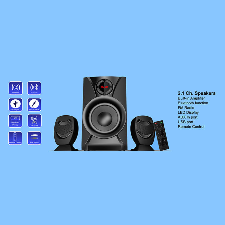 Pii Tech 2.1 Ch 30W Max Output Home Theatre system with 2 Wireless BT Satellite Speakers, LED Display, USB, AUX, FM Radio & Remote