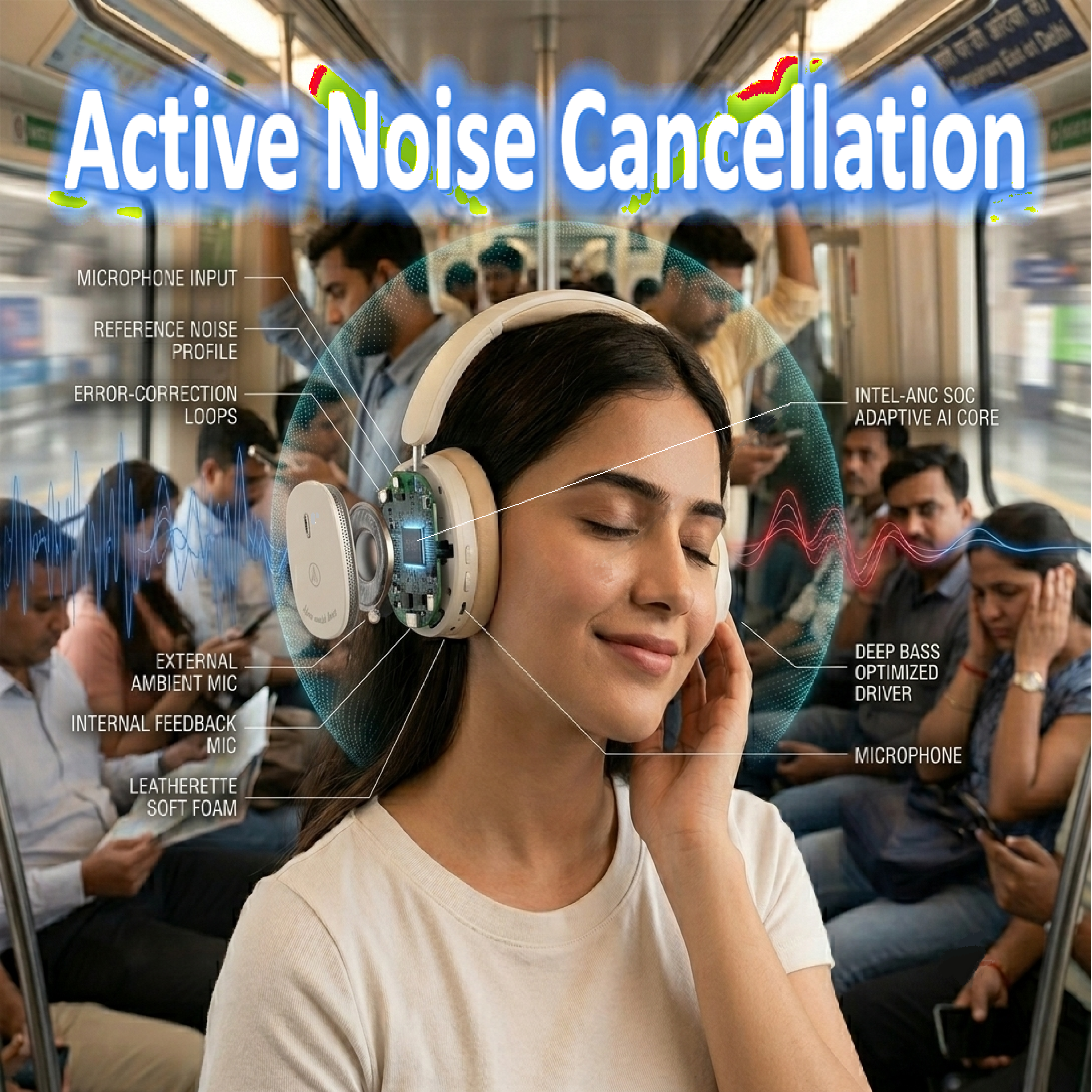 Pii Tech Aura - ANC, Bluetooth Wireless Headphone with Superb Sound Quality, Active Noise Cancellation (ANC), 60 hrs playback and Premium Carry Case
