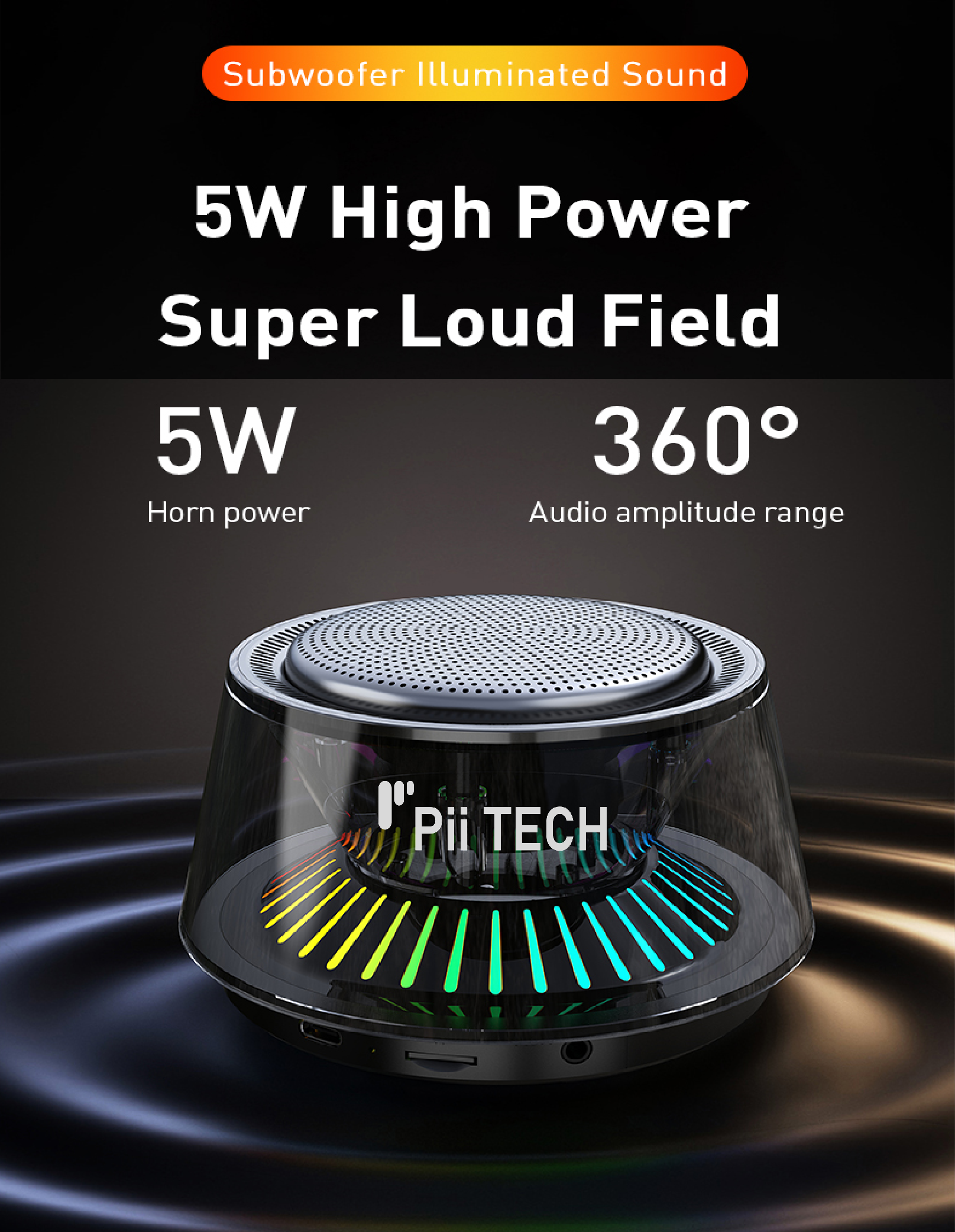 Pii Tech Glow, 5W Bluetooth Speaker with 360° Surround Sound, Powerful Bass and Vibrant LED Lights