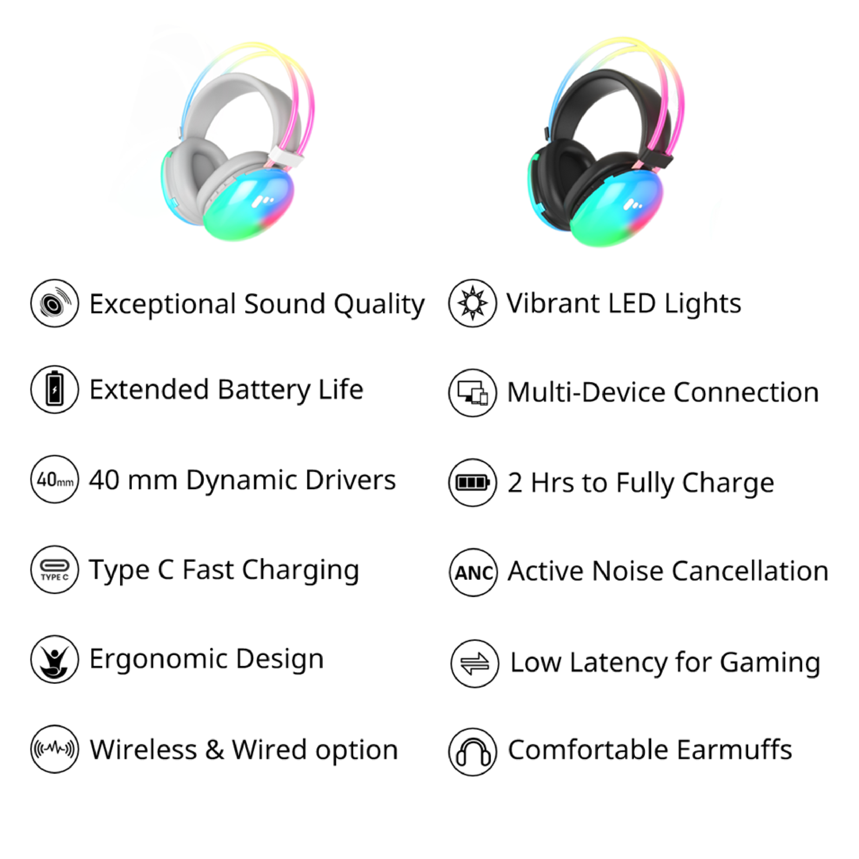 Pii Tech NeonFury Bluetooth Wireless Gaming Headphones with ANC, Vibrant LED Lights, Lery Low Latency and 50 hrs playback